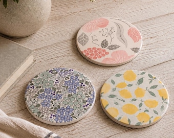 Handmade Clay Coaster | Floral & Lemon Decoupage Coasters | Home Décor | Choice of 3 Designs | Cane  or Drink coaster