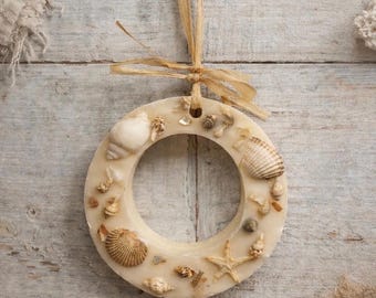 Coastal Soy Wax Wreath, Botanical Decor, Essential Oil Infused, decorated with Sea shells , Home Scent