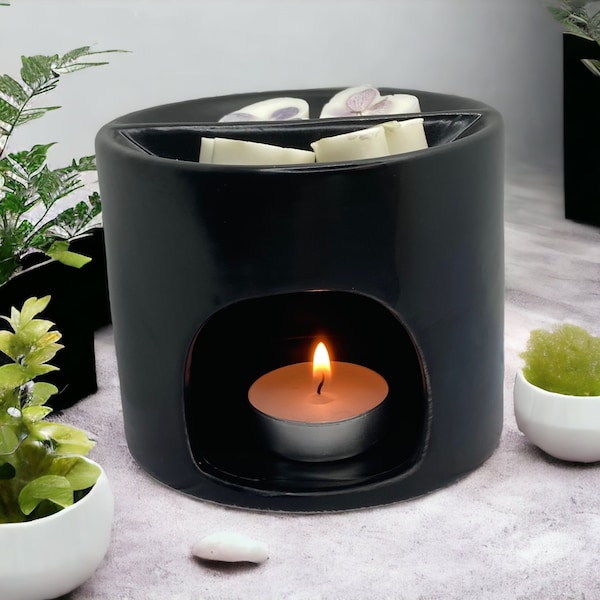 Black Ceramic Twin Dish Wax Melt or Oil Burner, two compartments in dish, handmade wax melts and tea light included