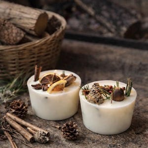 May include: Two cylindrical white wax candles decorated with natural elements. One candle features dried orange slices, cinnamon sticks, and star anise. The other candle is topped with small pinecones, red berries, and green pine needles.