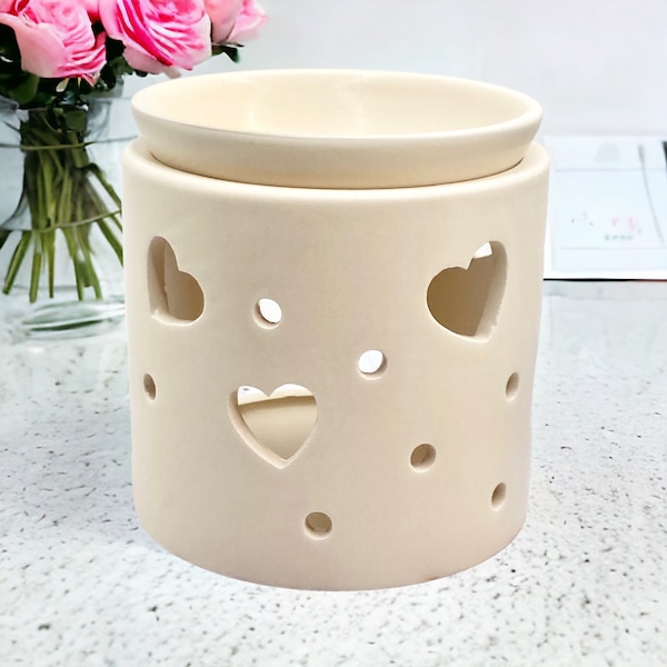 Oil or Wax melt burner, Glazed Ceramic,  heart cut out design with Removable Dish, blush pink or cream,  wax melts and tea light included