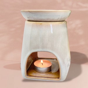 Glazed Stone and Ochre Ceramic Wax or Oil Burner, with Removable Dish, Natural Earthy Design, wax melts and tea light included