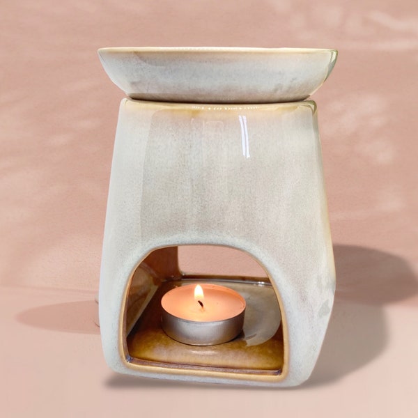 Glazed Stone and Ochre Ceramic Wax or Oil Burner, with Removable Dish, Natural Earthy Design, wax melts and tea light included