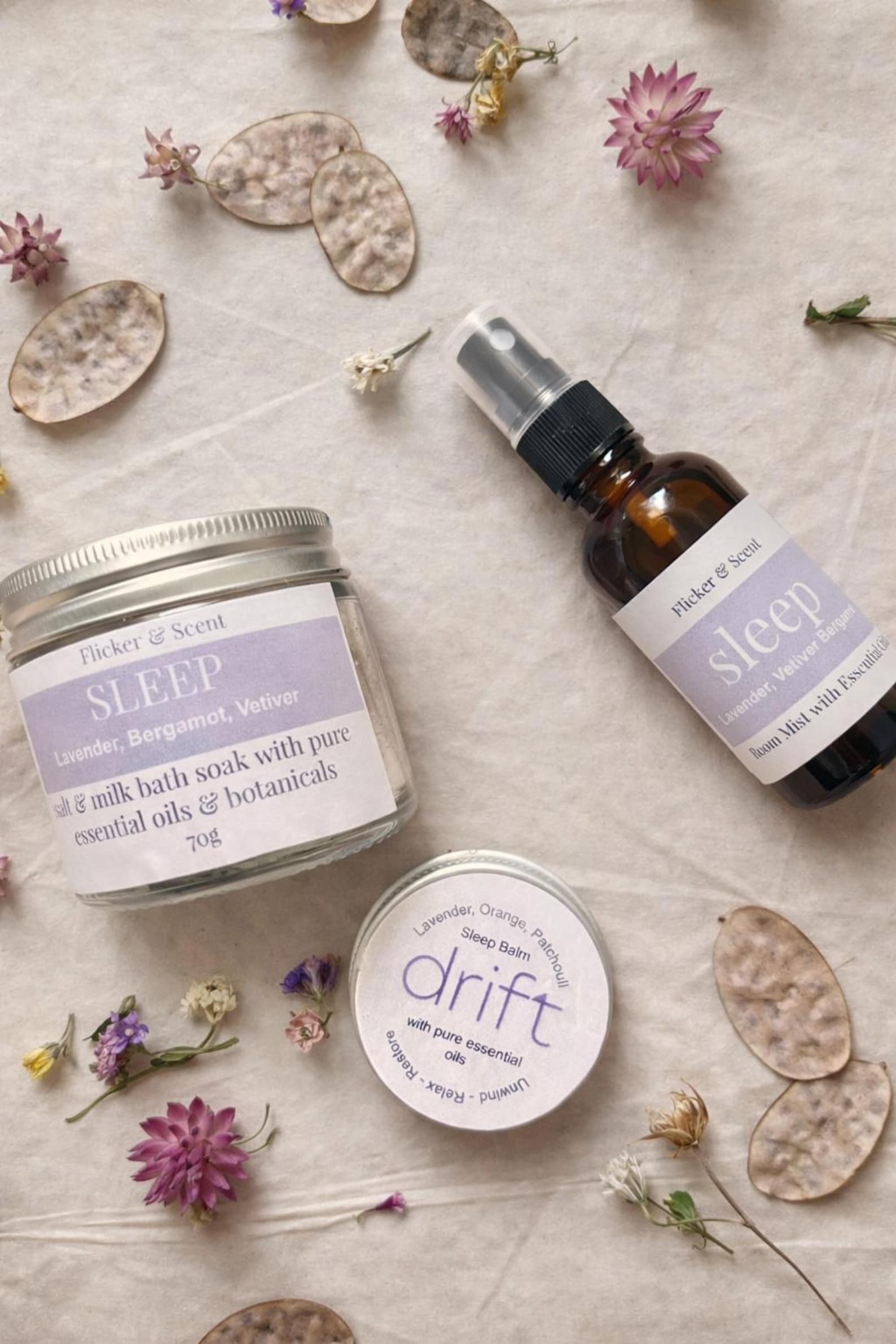 Natural Lavender Sleep Gift Set: Body Balm, Pillow Mist, Bath Salts