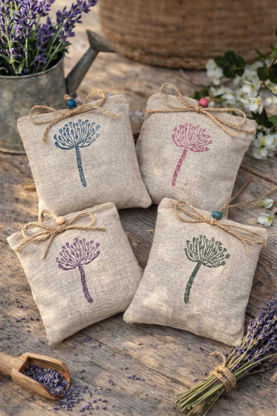 Linen Scented Sachet, Hand Printed Flower Design, Natural Drawer or ...