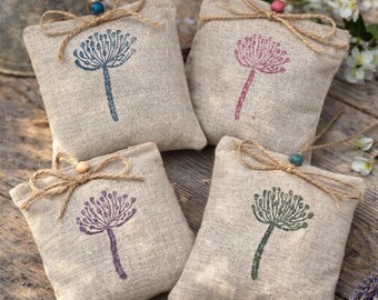 Linen Scented Sachet, Hand Printed Flower Design, Natural Drawer or Wardrobe Freshener,  with Lavender and  Essential Oils,  Sleep Pillow