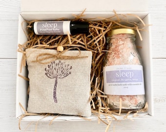 Sleep Gift Set, Lavender, Vetiver & Bergamot Essential Oils, Relaxation Gift, rollerball, bath salts, scented sachet gift to ease anxiety