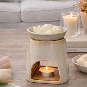 Glazed Stone and Ochre Ceramic Wax Burner set , with with handmade botanical wax melts and tea lights, Removable Dish, Natural Design