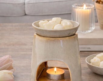 Glazed Stone and Ochre Ceramic Wax Burner set , with with handmade botanical wax melts and tea lights, Removable Dish, Natural Design