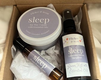 Gift of Sleep Set with Lavender, Vetiver & Bergamot Essential Oils  - Relaxation Gift, rollerball, bath salts, candle