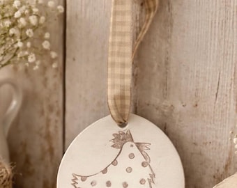 Hand Stamped Clay Chicken Decoration | Easter Hanging Ornament | Rustic Farmhouse Spring Decor | Country Cottage Home Accessory
