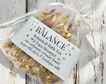 Bath Tea and Facial Steam sachet, Handmade with Mineral Salts, Botanicals, Herbs, Organic, Vegan, 4 blends available, self care gift