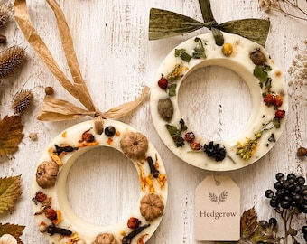 Autumn Soy Wax Wreath, Essential Oil Infused, choice of blends, decorated with natural botanicals, Home Scent