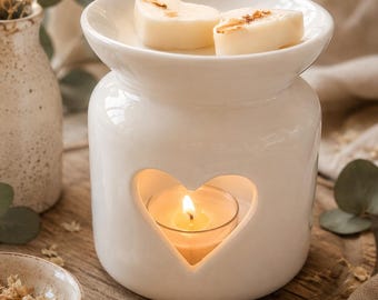 White Heart Ceramic Wax Melt or oil Burner,  Handmade Home Decor, heart cut out design, with tea light & melts, wax melt gift