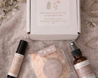 Calm Ritual Box | Relaxing Self Care Gift Set | Lavender Bergamot Frankincense | Bath Salts, Room Spray & Roller
