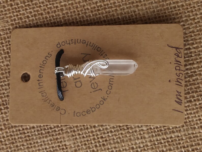 I AM INSPIRED Affirmation Raw Clear Quartz Crystal Point Wire Wrapped Reiki Infused Healing Necklace Cord