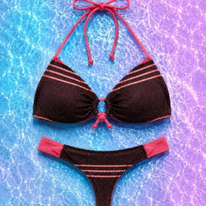 Bikini-Set in Korallenrot für zierliche Frauen | Badeanzug mit hohem Bräunungseffekt | Kolumbianische Bademode | Verstellbare Träger |