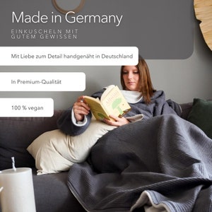 Cuddly blanket with sleeves grey/sand white Created for chilblains XL size with freedom of movement Made in Germany 100% vegan image 6