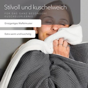Cuddly blanket with sleeves grey/sand white Created for chilblains XL size with freedom of movement Made in Germany 100% vegan image 2