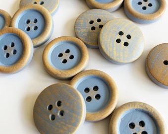 Button Set | Light blue wooden buttons - Vintage natural wood buttons, used look, 4 hole buttons in blue, 2 cm diameter (20 mm)