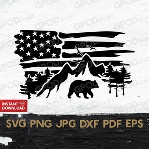 Bär Jagd SVG, Bär American Falg svg, Clipart für Cricut, Mountain Bear Svg, Bärenjäger svg, Geschenke | Vektor Cut Datei, Digitaler Download