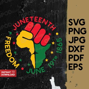 May include: A black and white graphic design with a red, yellow, and green fist raised in the air. The fist is inside a circle with the text "Juneteenth 19th 1865" and "Freedom June" around the outside. The text "SVG PNG JPG DXF PDF EPS" is on the right side of the image.