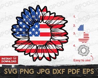 Sunflower American Flag SVG, Patriotic Sunflower svg, Clipart for Cricut, Sunflower 4th of July svg | Vector Cut File, Digital download
