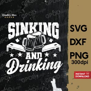 May include: Black and white graphic design with the text "Sinking and Drinking" with two beer mugs and a cornhole board.  The design is on a black background.