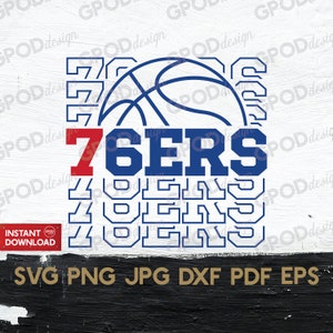 May include: A digital design featuring a basketball with a blue and white design and the word "76ERS" in blue and red letters. The word "76ERS" is repeated multiple times in a stacked pattern.