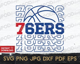 May include: A digital design featuring a basketball with a blue and white design and the word "76ERS" in blue and red letters. The word "76ERS" is repeated multiple times in a stacked pattern.