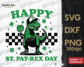 Happy St.Pat-Rex Day SVG, Clipart for Cricut, Retro Lucky Dinosaur Lover, T-Rex Shamrock St Patrick's Day PNG DXF | Digital download