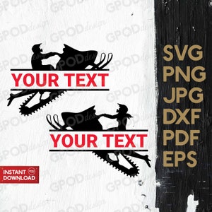 May include: Two black silhouette images of people riding snowmobiles. The snowmobiles are split in half with the text "YOUR TEXT" in red letters in the middle of each image.