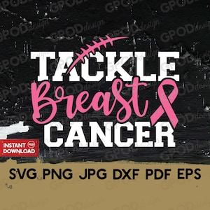 May include: White text on a black background reads "Tackle Breast Cancer" with a pink ribbon and a football graphic.