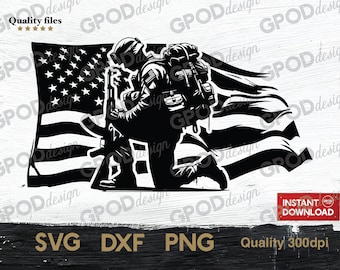 Fallen Soldier Military Veteran SVG, Clipart for Cricut, Patriotic 4th of July, Kneeling Soldier American Flag PNG DXF | Digital download