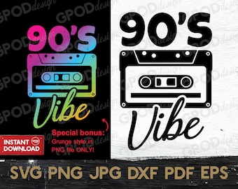 May include: A black and white graphic design with the text "90's Vibe" and a cassette tape. The text "90's" is in a large, bold font. The cassette tape is a simple outline. The text "Vibe" is in a cursive font. The design is on a white background.