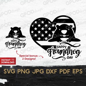 May include: Black and white graphic design featuring a groundhog peeking out of a heart-shaped American flag with the text "Happy Groundhog Day".