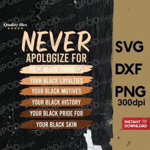 Puede incluir: Gráfico en blanco y negro con el texto "Nunca te disculpes por" y una lista de frases: "Tus pensamientos negros", "Tus lealtades negras", "Tus motivos negros", "Tu historia negra", "Tu orgullo negro por", "Tu piel negra". El gráfico está sobre un fondo negro con un borde marrón.