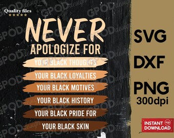 Puede incluir: Gráfico en blanco y negro con el texto "Nunca te disculpes por" y una lista de frases: "Tus pensamientos negros", "Tus lealtades negras", "Tus motivos negros", "Tu historia negra", "Tu orgullo negro por", "Tu piel negra". El gráfico está sobre un fondo negro con un borde marrón.