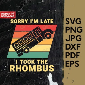 Puede incluir: Un autobús escolar negro y amarillo con un diseño retro de arcoíris. El texto "Lo siento, llego tarde, tomé el rombo" está escrito en la imagen.