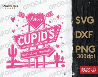 以下が含まれることがあります： 「Cupid's」と「Valentine's Diner Sets」と書かれたピンクのバレンタインデーをテーマにした看板。看板はサボテンと矢印のあるハートのある砂漠の環境にあります。