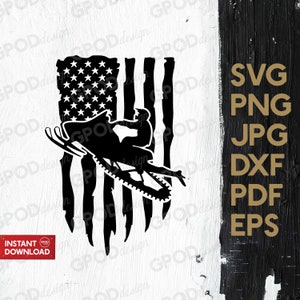 May include: Black and white silhouette of a snowmobile driving through a distressed American flag. The snowmobile is facing the right side of the image. The flag is tattered and worn, with a distressed look. The image is set against a white background.