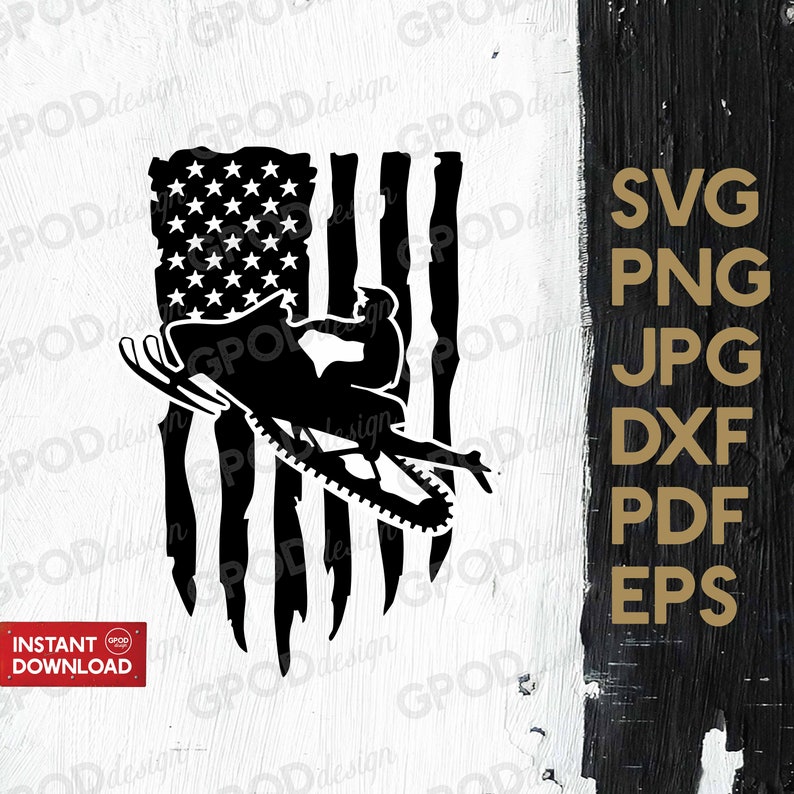May include: Black and white silhouette of a snowmobile driving through a distressed American flag. The snowmobile is facing the right side of the image. The flag is tattered and worn, with a distressed look. The image is set against a white background.