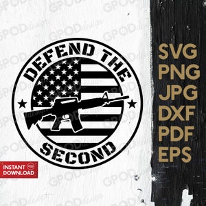 May include: Black and white circular design with the text "Defend the Second" and an image of a rifle and an American flag.