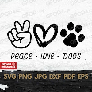 Pode incluir: Design gráfico em preto e branco com um sinal de paz, um coração e uma pegada. O texto "Peace. Love. Dogs" está abaixo do gráfico.