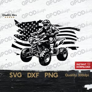 May include: Black and white illustration of a person riding a quad bike in front of a distressed American flag.