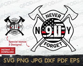 May include: Two black and white designs of a firefighter's crossed axes with a circle in the center. The circle has a red, white, and blue American flag design with the numbers "911" in the center. The text "Never Forget" is written above and below the circle.