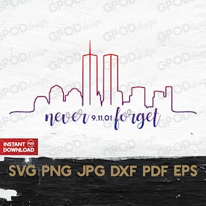 Puede incluir: Una ilustración en blanco y negro de la línea del horizonte de la ciudad de Nueva York con las Torres Gemelas en el centro. El texto "never 9.11.01 forget" está escrito debajo de la línea del horizonte.