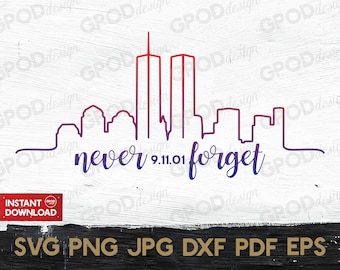 May include: A black and white line art illustration of the New York City skyline with the Twin Towers in the center. The text "never 9.11.01 forget" is written below the skyline.