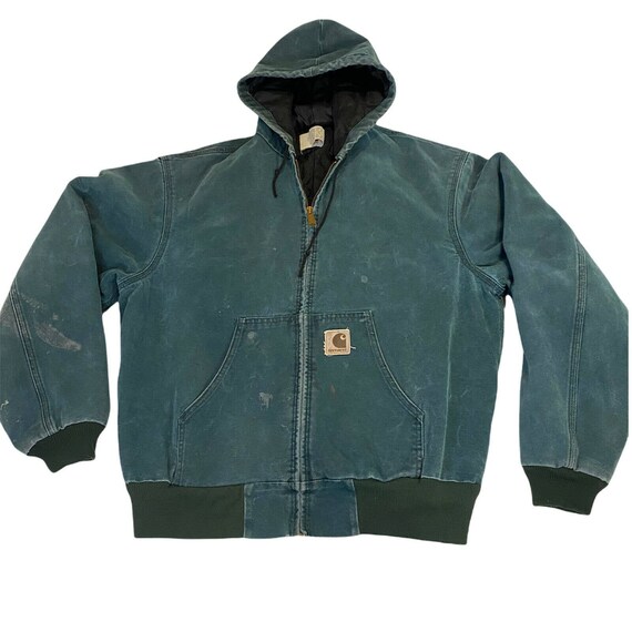 Vintage 90s Hooded Carhartt J06HTG Distressed Teal Green Zip Vintage 90s Hooded Carhartt J06HTG Distressed Teal Green Zip