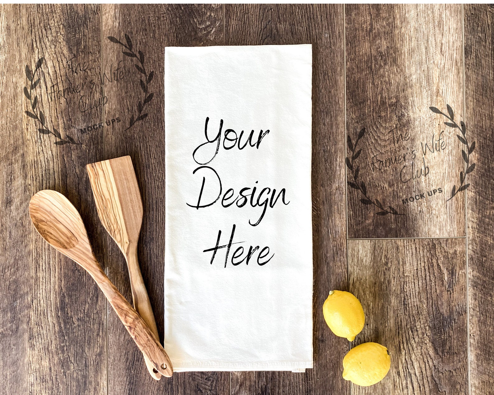 Tea Towel Mock up With Kitchen Background and Yellow Lemonsflour Sack